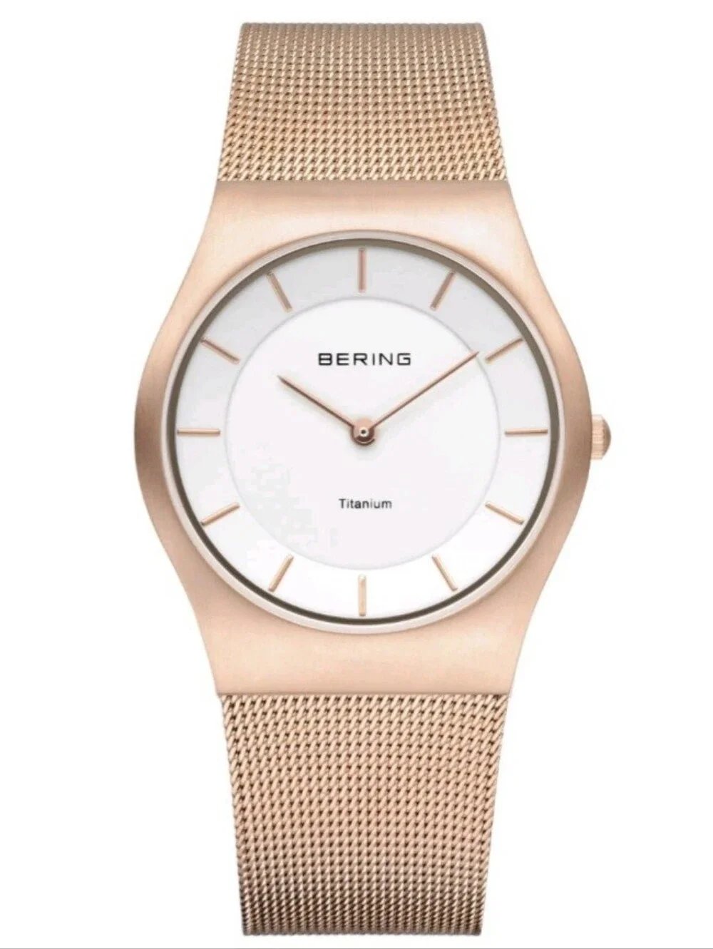 Bering Rose Gold Titanium Mesh Watch - White Dial